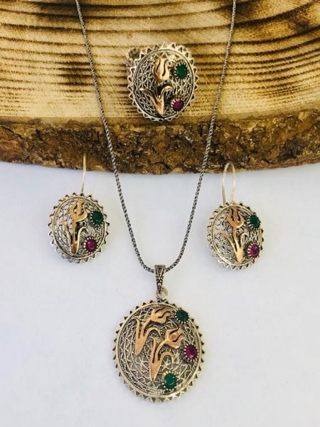 925 Ayar Gümüş Oksitli Telkari Bayan Üçlü Set