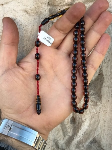 Şeffaf Kestane Renk Orijinal Sıkma Kehribar Tesbih