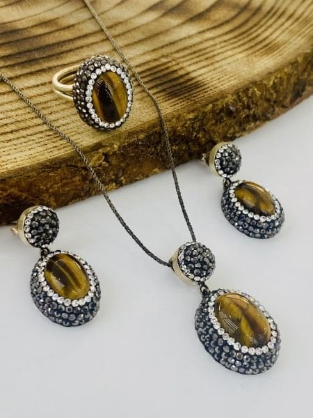 925 Ayar Gümüş Kaplangözü Taşlı Swarovski İşlemeli  Bayan Üçlü Set