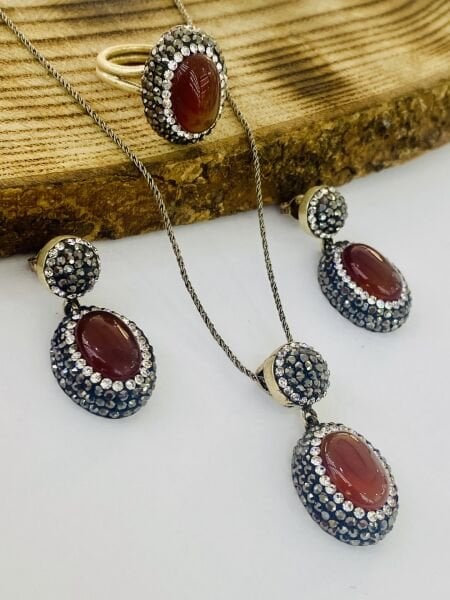 925 Ayar Gümüş Akik Taşlı Swarovski İşlemeli Bayan Üçlü Set