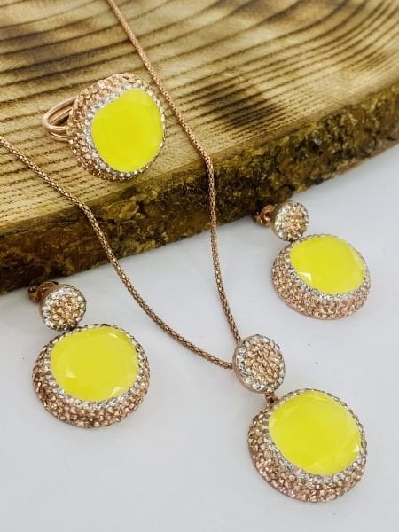 925 Ayar Gümüş Sitrin Taşlı Swarovski İşlemeli Bayan Üçlü Set