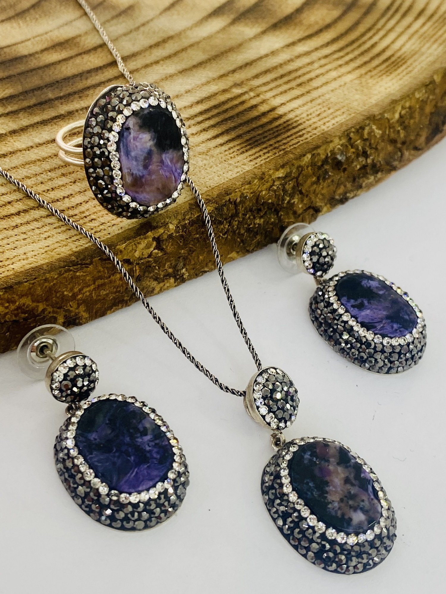 925 Ayar Gümüş Ametist Taşlı Swarovski İşlemeli Bayan Üçlü Set