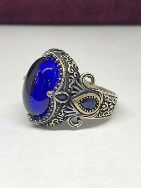925 Ayar Gümüş Markazit İşleme Safir Taşlı Erkek Yüzük
