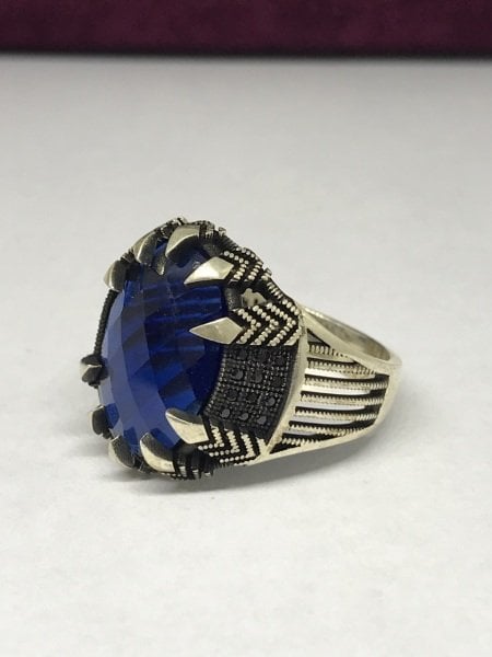 925 Ayar Gümüş Safir Taşlı Erkek Yüzük ST9