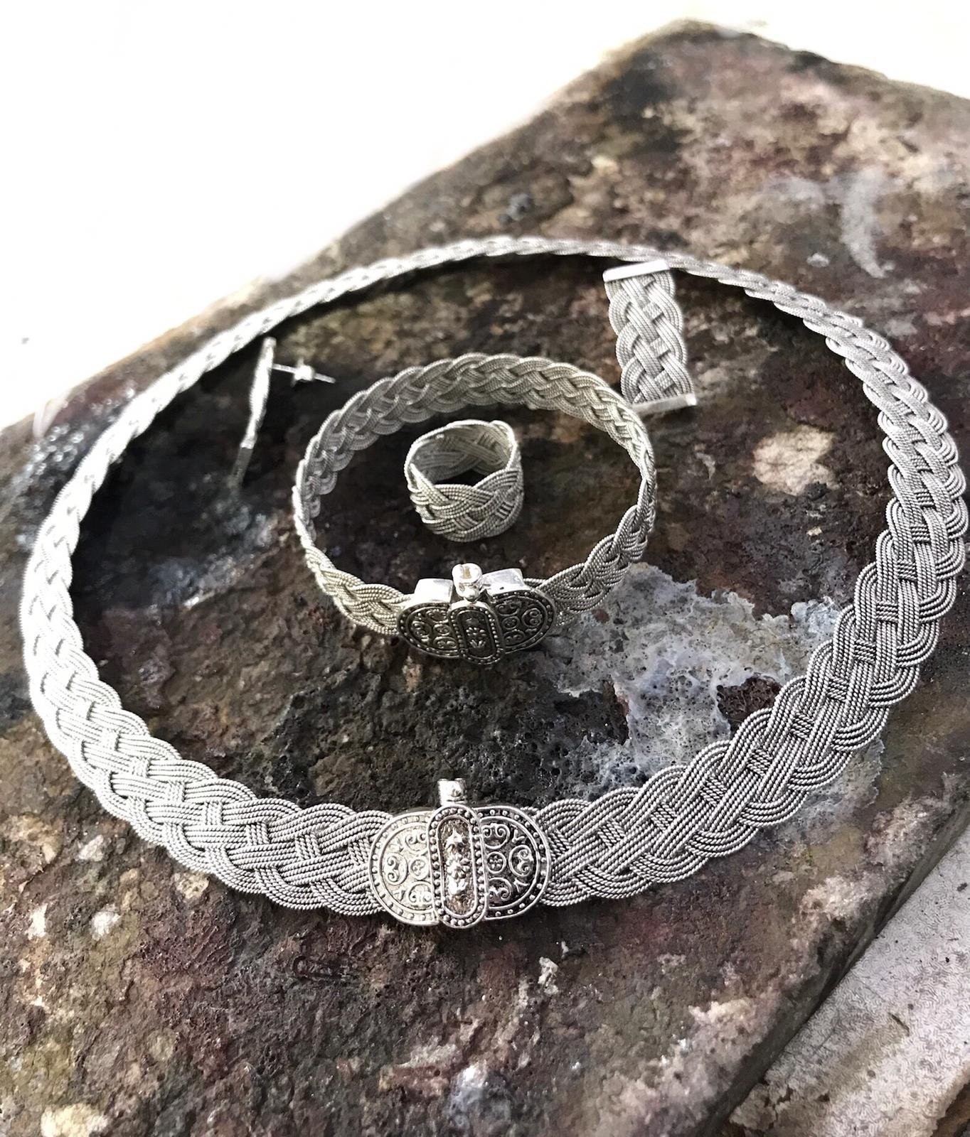 925 Ayar Gümüş Oksitli Telkâri Örgü Model Gümüş Set