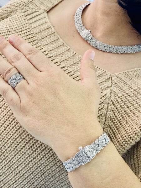 925 Ayar Gümüş Oksitli Telkâri Örgü Model Gümüş Set