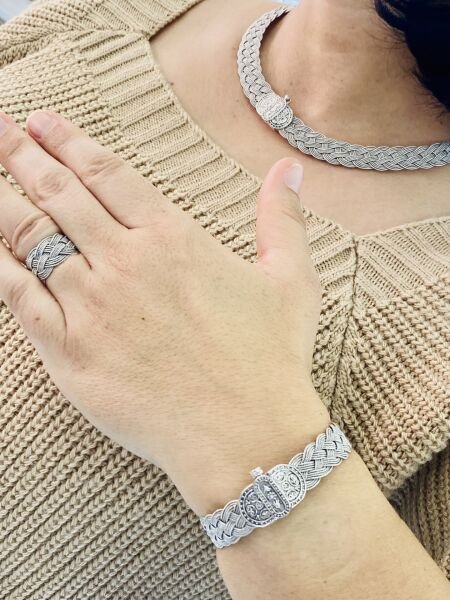 925 Ayar Gümüş Oksitli Telkâri Örgü Model Gümüş Set